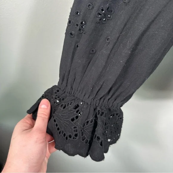 Ba&sh Black Cotton Ruffle Neckline Lady Shirt Size 6 Sophisticated Cottagecore - Picture 5 of 14